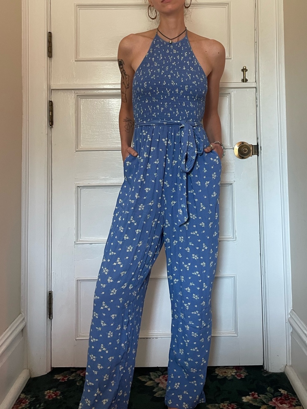 Blue Floral Halter Jumpsuit with Waist Tie